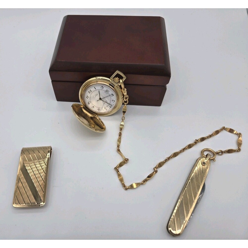Vtg 1986 Colibri 4cm Pocket Watch Knife Set w/ Chain Money Clip New Battery
